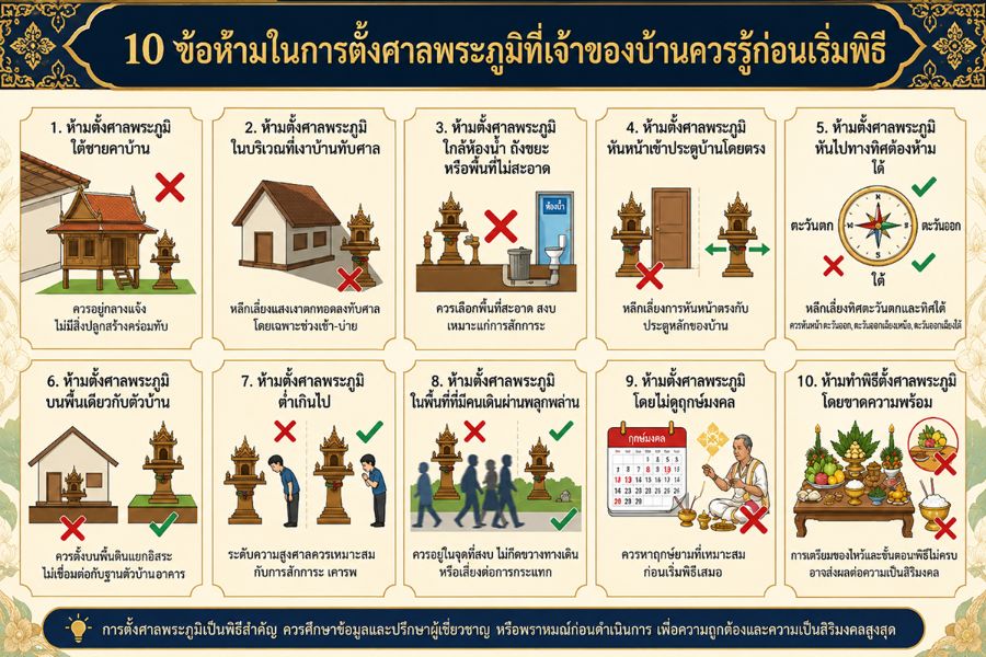 อินโฟกราฟิก 10 ข้อห้ามในการตั้งศาลพระภูมิที่เจ้าของบ้านควรรู้ก่อนเริ่มพิธี