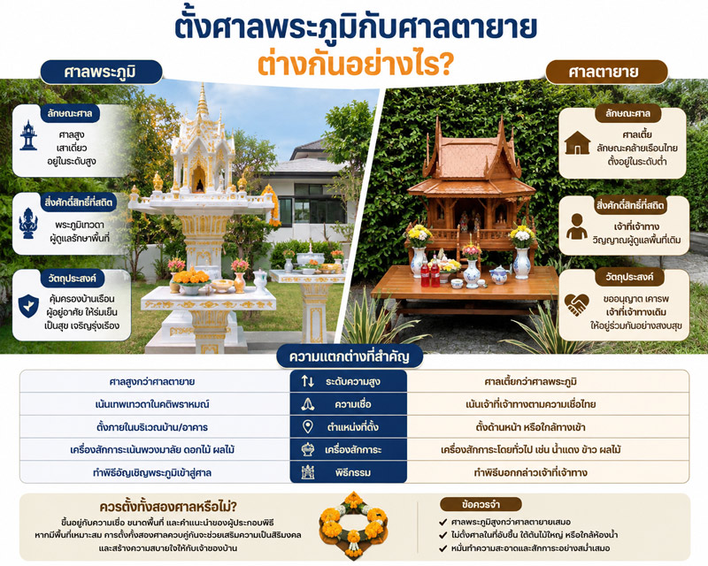อินโฟกราฟิกเปรียบเทียบการตั้งศาลพระภูมิกับตั้งศาลตายาย