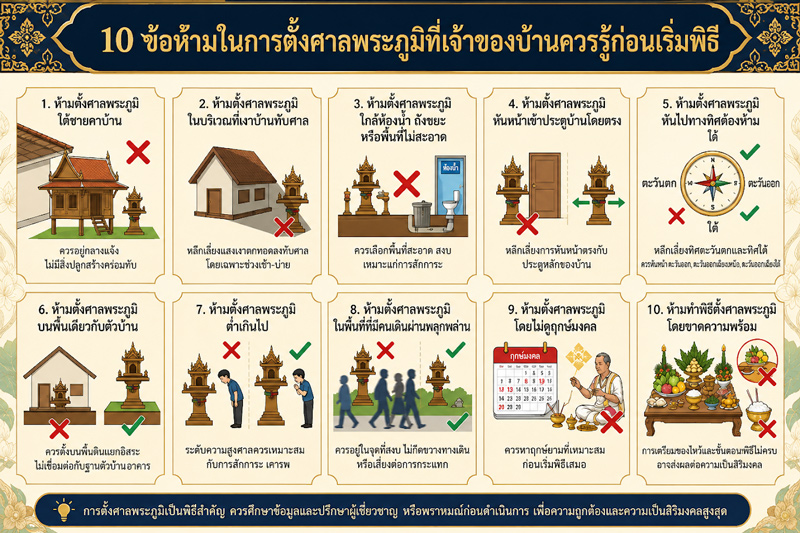 อินโฟกราฟิก 10 ข้อห้ามในการตั้งศาลพระภูมิที่เจ้าของบ้านควรรู้ก่อนเริ่มพิธี